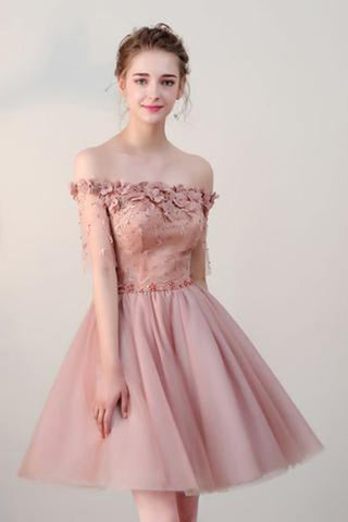 Chic Homecoming Dresses,Short Homecoming Dress,Pearl Pink Homecoming Dresses,Off-the- shoulder Homecoming Dress,Tulle Prom Dresses,Cheap Prom Dress