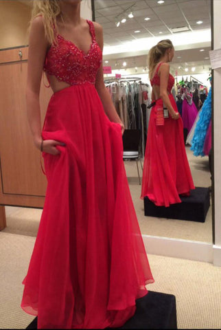 Spaghetti Strap Prom Dresses,Red Prom Gown,Chiffon Prom Dress,Backless Evening Dress,Formal Gown,Beading Prom Dress