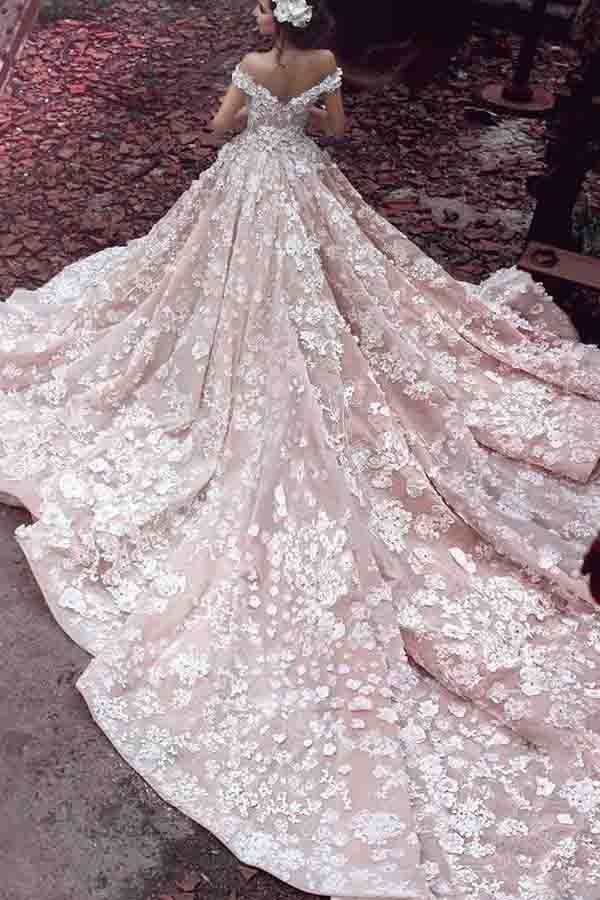 Luxurious Off Shoulder Watteau Train Formal Lace Dramatic Blush Wedding Dress OK549