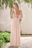 Rose Gold A Line Spaghetti Straps Prom Gowns Backless Sequins Chiffon Bridesmaid Dress OKI10