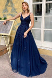Navy Blue Lace Appliques Prom Dress Long V Neck Spaghetti Straps A-line Tulle Evening Gowns OKZ89