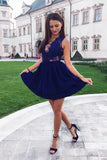 A Line V Neck Royal Blue Lace Appliques Short Homecoming Dress OKM77