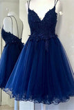 V Neck Navy Blue Lace Top Short Prom Dress Short A-line Tulle Homecoming Dress OKX65