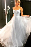 Sparkly Spaghetti Straps A-line Tulle Sequins Long Prom Dress OKW87