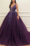 Deep Purple Sleeveless Crystals Beaded V Neck Ball Gown Prom Dress OKV55