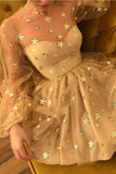 Sparkly Long Sleeve Short Unique Sheer Neck Stars Mini Homecoming Dress OKD50