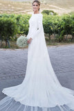 Sheath Long Sleeves Boat Neckline V Back Beach Bridal Wedding Dresses OKW54