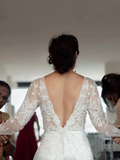 Elegant A-line Bateau Long Sleeves Lace Appliques Off White Wedding Dresses, OKC31