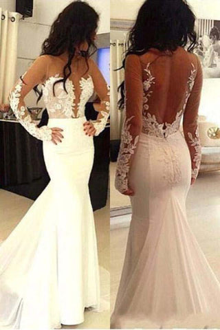 Beautiful Long Sleeves See Through Mermaid Lace Appliques Wedding Dress With Trailing OKD53