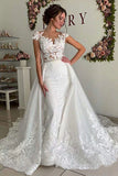 Mermaid V-Neck Cap Sleeves Detachable Lace Train Long Wedding Dress With Beads OK1513