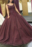 Burgundy Long Formal Ball Gown Prom Dress With Lace Applique OKK52
