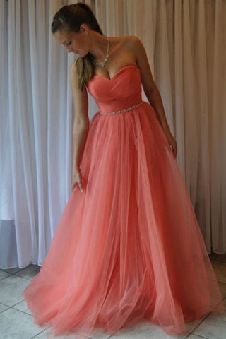 Charming Tulle Pleat Sweetheart Watermelon Prom Dresses,Long A Line Evening Dress OKF59