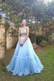 Sky Blue A Line Tulle V Neck Long Prom Gown,Sweet 16 Dresses OKB25