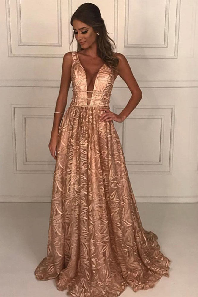 Fashion A-Line Deep V-Neck Floor-Length Lace Prom Dresses with Beading OKK72