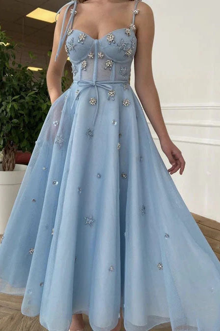 Baby Blue Tea Length Evening Dress Beaded Corset Bustier Top Prom Dress With Straps OKV60