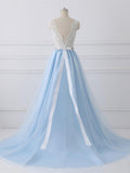 Sky Blue Long V Neck Evening Dresses with Beaded Belt,Lace Top Long Prom Dress OK980