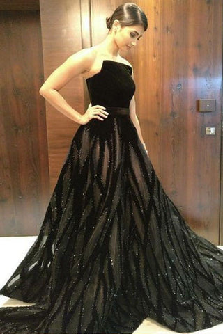 Unique A Line Black Strapless Long Prom Dress With Beading OKF50