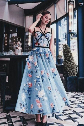 Chic Blue Floral Printed A Line Long Prom Dress Pretty Party Dresses OKG19