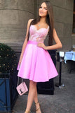 A-Line Spaghetti Straps Pink Satin Homecoming Dress with Appliques,Cheap Short Prom Dress OKC37