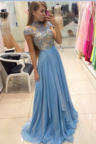 Light Blue Long Beading High Neck Sparkly Cute Prom /Evening Dress OK144