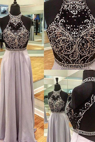 Charming Chiffon Sequins Beading Halter Backless Prom Evening Dresses OK134