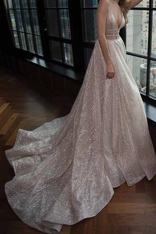 Modest A-line Silver Tulle V-Neck Rhinestone Prom Evening Dresses Party Dress OK580