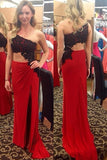 Black Lace One-Shoulder Red Sexy Prom Dresses,Long Party Dresses OKE54