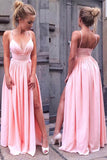 Simple Spaghetti Straps Pink V Neck Long Prom Dresses with Slit OK648