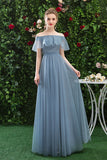 A Line CHiffon Blue Off the Shoulder Prom Dress Long Ruffles Bridesmaid Dress OKQ79