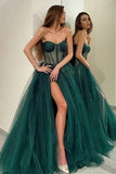 A Line Tulle Green Long Prom Dress Sweetheart Formal Evening Dress OK1345