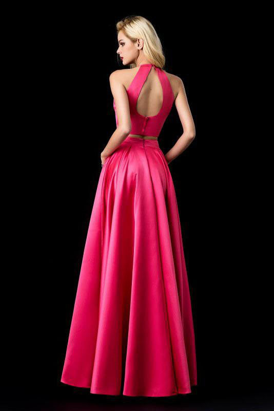 Two Piece Halter Sleeveless Open Back A Line Long Prom Dress,Evening Dresses OKA65