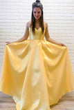 Yellow A-Line Satin Long Prom Dress Spaghetti Straps Formal Evening Dress OK1230
