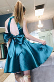 Simple Two Piece Short Dark Teal Satin A Line Homecoming Dresses with Bow OKC26