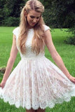 A-line Lace Pearls Cap Sleeves Short Homecoming Dress School Event Dress OKX84