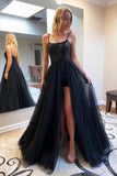 Black A Line Tulle Long Prom Dress with Sequins Formal Evening Dress OK1414