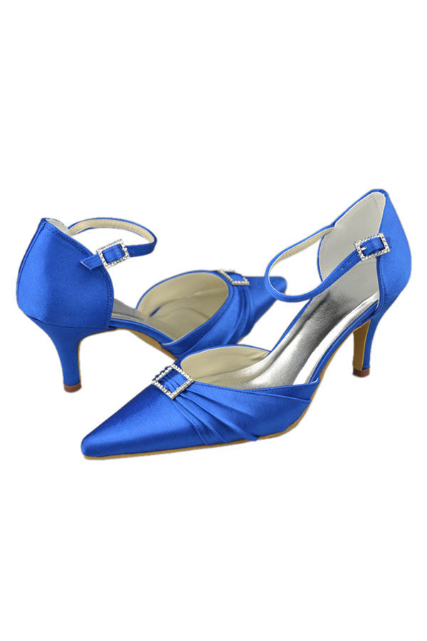 Blue Pointed Toe Ankle Straps Beaded High Heel Evening Party Shoes S106