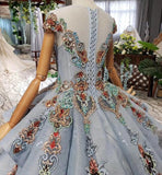 Ball Gown Light Blue Cap Sleeve Long Prom Dress, Beaded Lace up Quinceanera Dresses OKN75