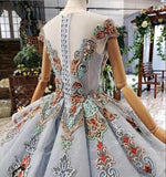 Ball Gown Light Blue Cap Sleeve Long Prom Dress, Beaded Lace up Quinceanera Dresses OKN75