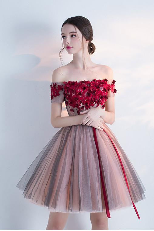 Off Shoulder A Line Sleeveless Homecoming/Cocktail Dresses With Flowers,Short Prom Dress OK291