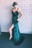 Sheath Emerald Green Spaghetti Straps Long Simple Prom Dress with Slit OKI61