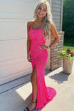 Sparkly Mermaid Sequined Sleeveless Long Prom Dress with Slit Hot Pink Evening Gown OK1385