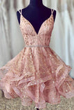 Unique Sparkly V Neck A Line Pink Mini Homecoming Dress Puffy Short Prom Dress OKZ48
