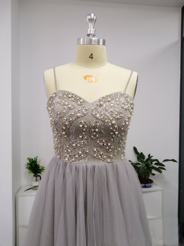 Silver Spaghetti Straps Beaded Bodice Tulle A-line Prom Dress OKS82