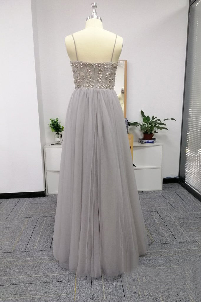 Silver Spaghetti Straps Beaded Bodice Tulle A-line Prom Dress OKS82