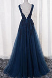 V Back Lace Appliques Navy Blue Long Prom Dress Tulle Formal Evening Dress OKX61