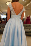 Simple V-Neck A-line Lace Cap Sleeves Sky Blue Prom Dress for Junior OKS79