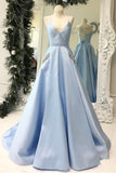 Simple Spaghetti Straps Sky Blue Satin Long Prom Dress with Pocket OKN77