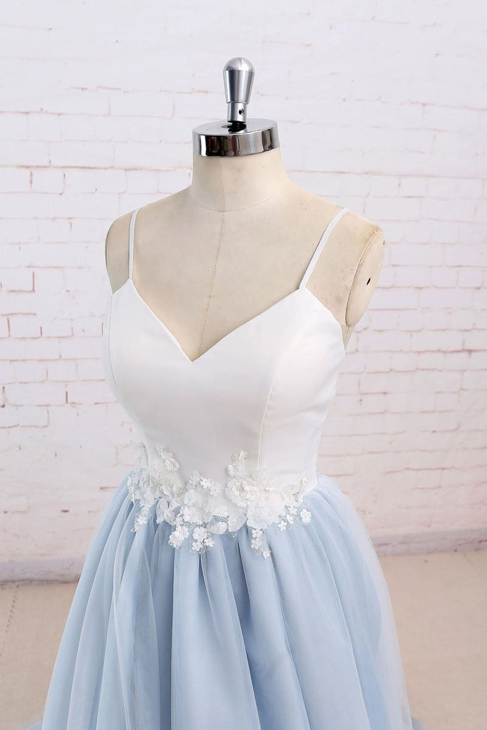 Baby Blue Tulle Long Simple Flower Senior Prom Dresses With White Top,Long Tulle Evening Dress OK503