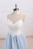 Baby Blue Tulle Long Simple Flower Senior Prom Dresses With White Top,Long Tulle Evening Dress OK503