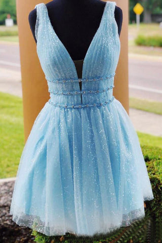 Sky Blue Beaded Backless Homecoming Dress, Short Graduation Dress OKO10